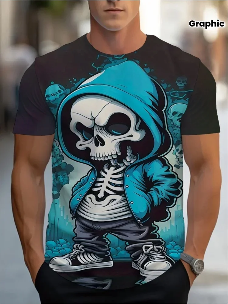 Trendiges Cooles Street-Style 3D-Skelett-Print Herren T-Shirt Sommer Lässige Männer Streetwear Tops Vintage Hip-Hop Männerkleidung