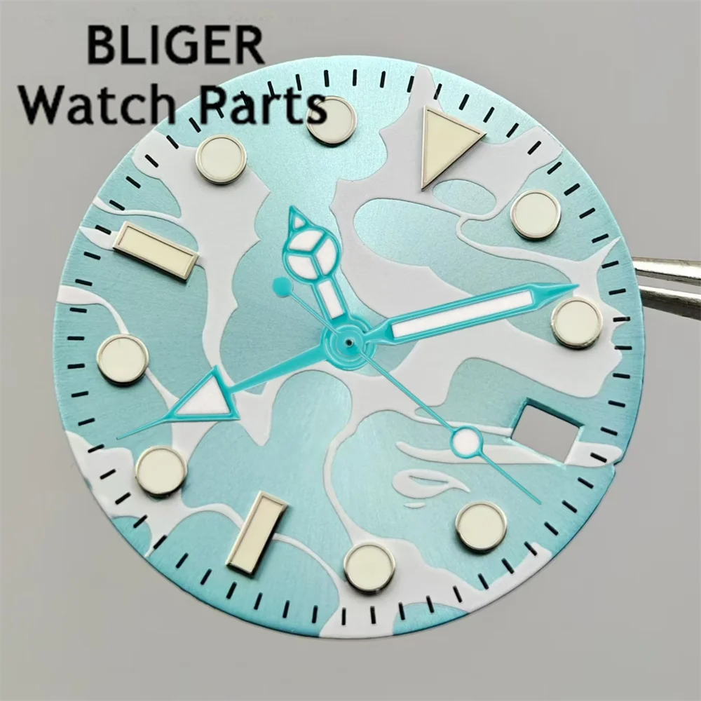 BLIGER jam tangan 29mm NH34 Dial biru langit dengan Set tangan hijau bercahaya cocok untuk bagian pengganti jam tangan gerakan NH34