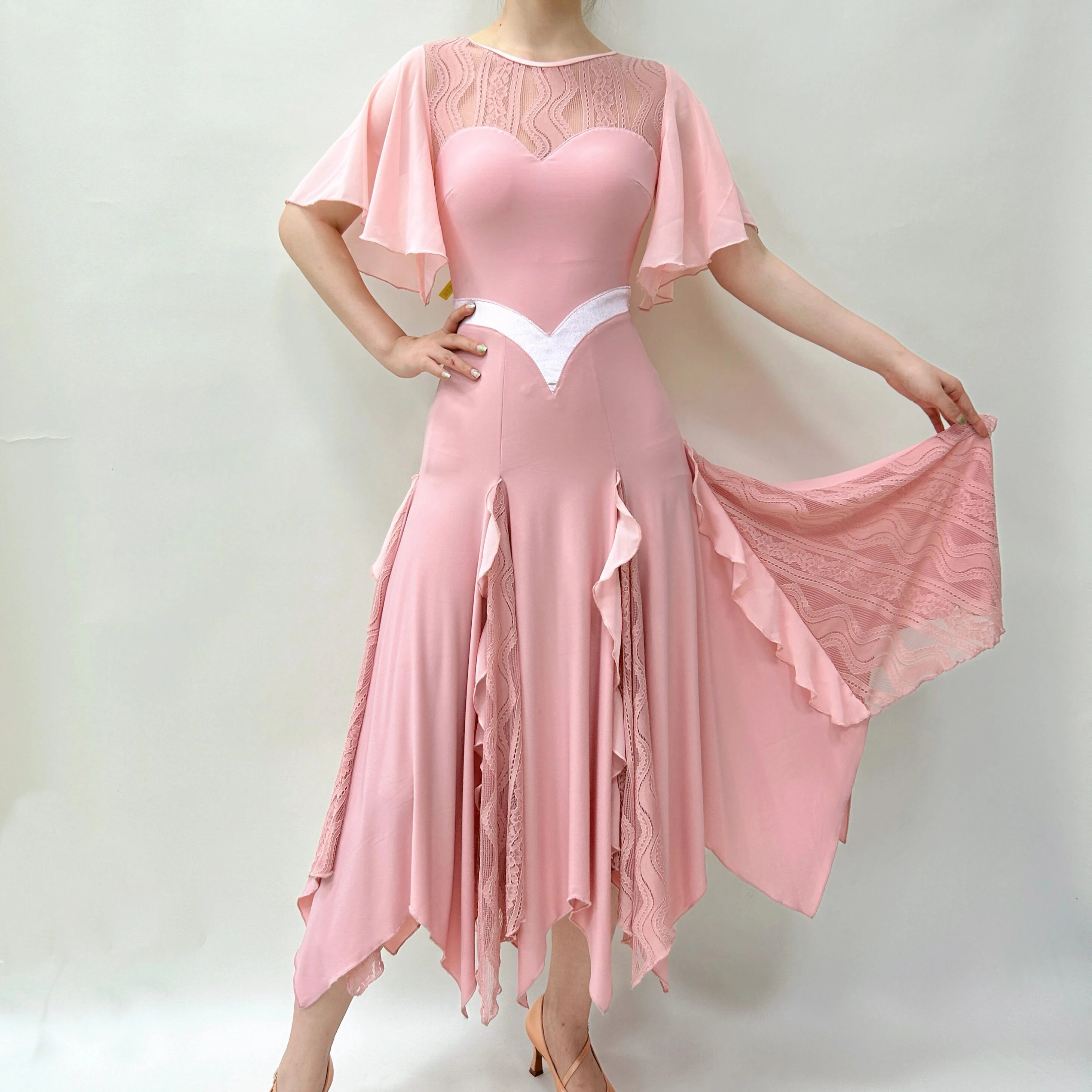 2026 New Waltz Dance Ballroom Modern Dance Costumes Lace Short Sleeve Irregular Dress For Women Performance Clothes Wear DN24093