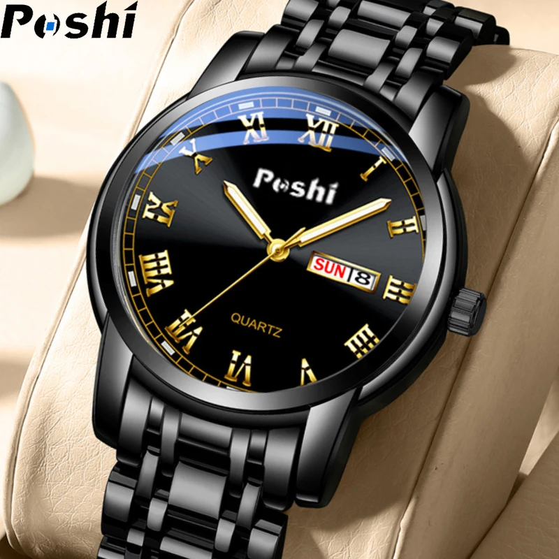 POSHI Stainless Steel Quartz Wrist Watch for Man Luxury Week Date Display Luminous Bracelet Fashion Men\'s Watch Original Clock