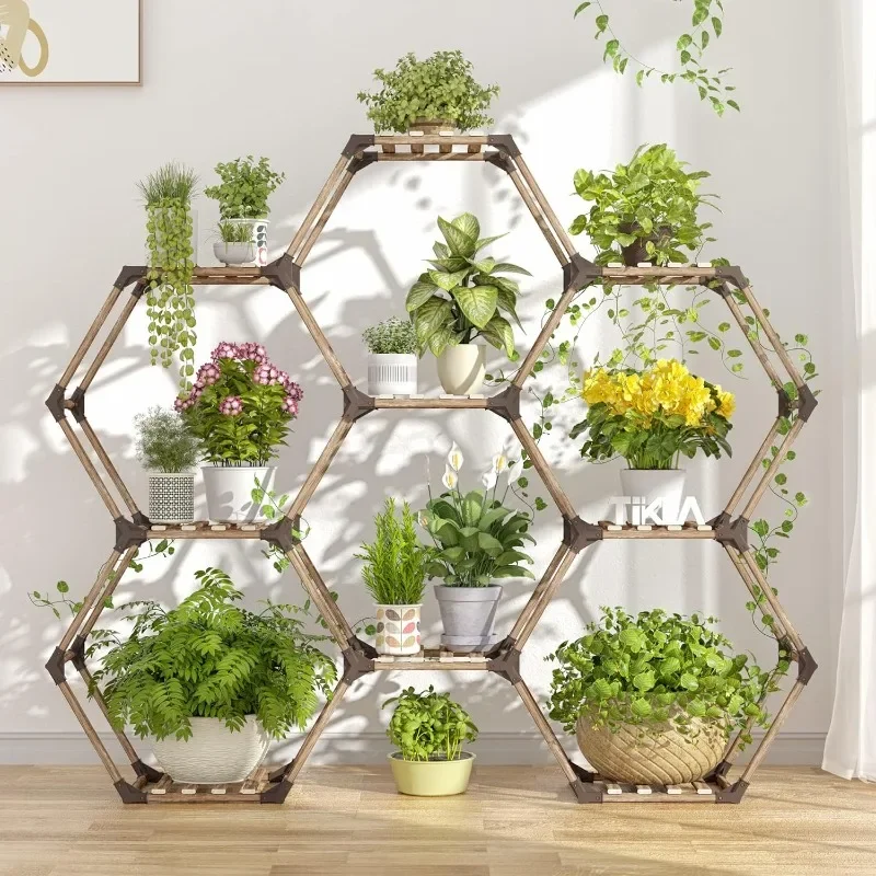 Support de plante hexagonal pour plantes d'intérieur, support pour plantes multiples, extérieur, grande étagère en bois