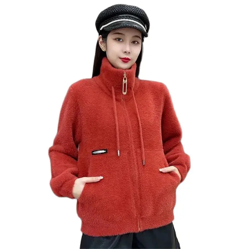 Fashion Stand-Up Collar Crystal Nelvet Coat Female Autumn Winter Women's Knitted Sweaters Coat Zipper Cardigan Outerwear Tops