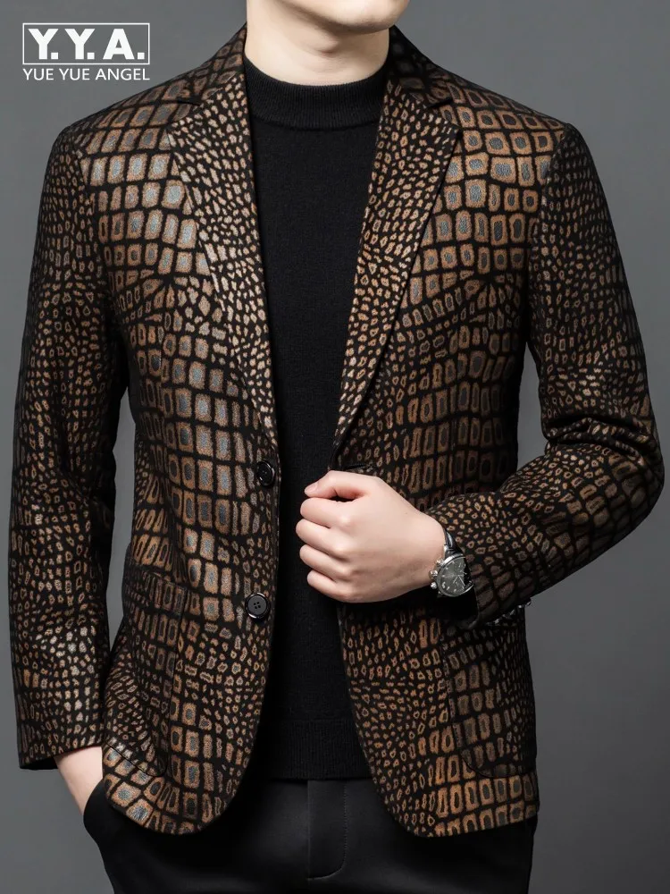 Autumn Men Real Sheepskin Suit Jacket Slim Fit Casual Coat Top Quality Leopard Pattern Outerwear Single Breasted Fashion Jackets
