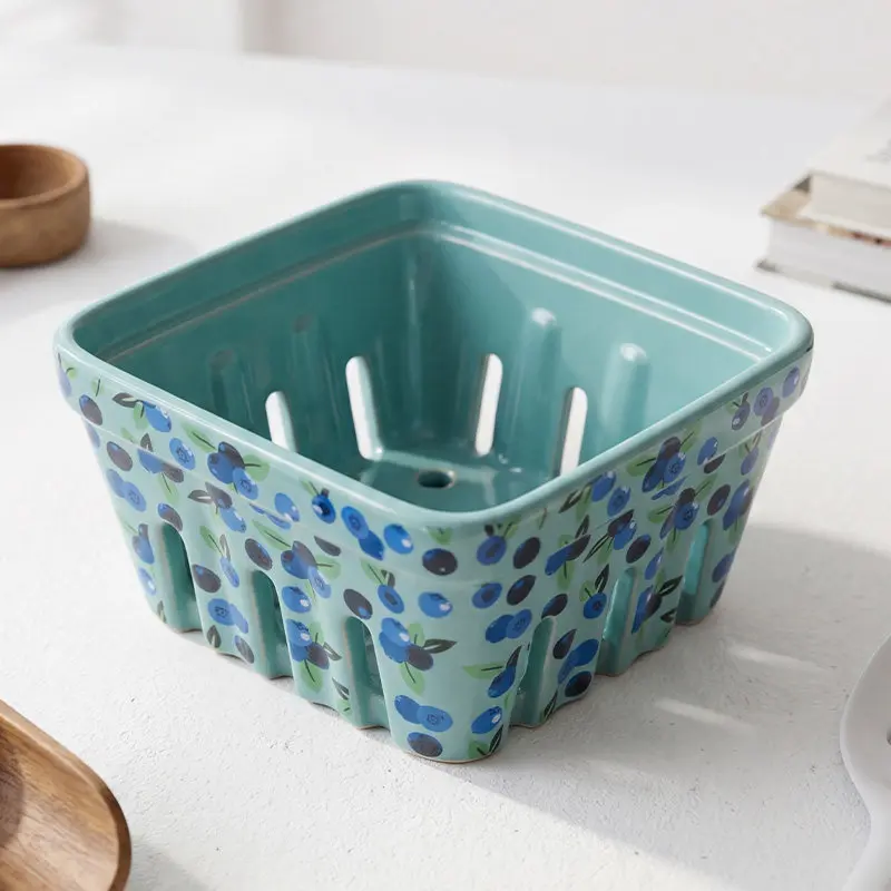 Ceramic Berry Basket, Rustic Stoneware Berry Bowls Colander, Square Fruit Bowls for Kitchen Decor