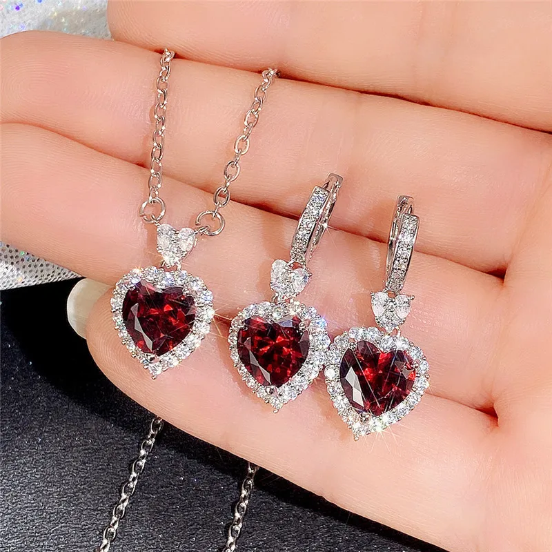 Lover Heart Rhinestone Long Pendant Full Crystal Stainless Steel Necklace & Earrings Elegant Bridal Wedding Jewelry Set