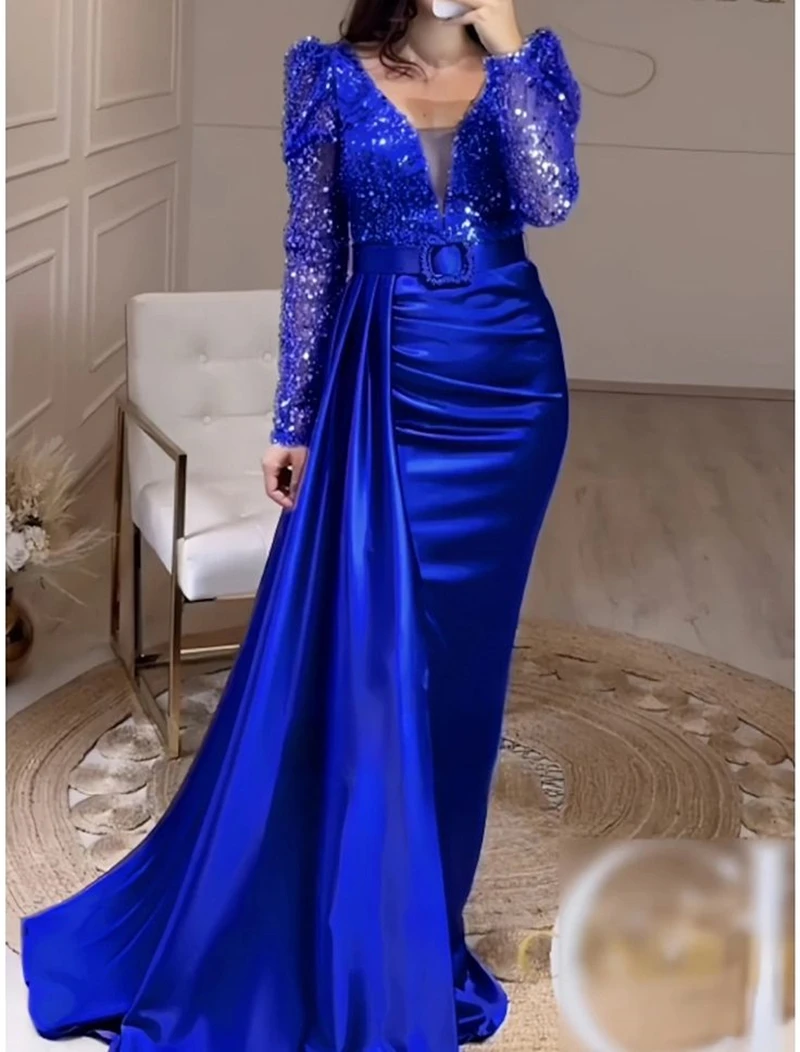 Side High Slit Sexy Evening Dress With Removable Train Royal Blue Long Sleeves V-Neck Prom Dress Customized Shiny Formal Gown