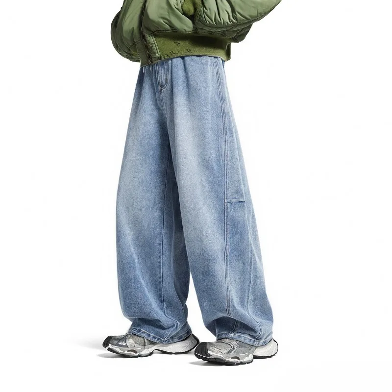 

2026 Spring Summer New Wide Leg Cargo Jeans American Vintage Washed Distressed Blended Casual Denim Pants For Men