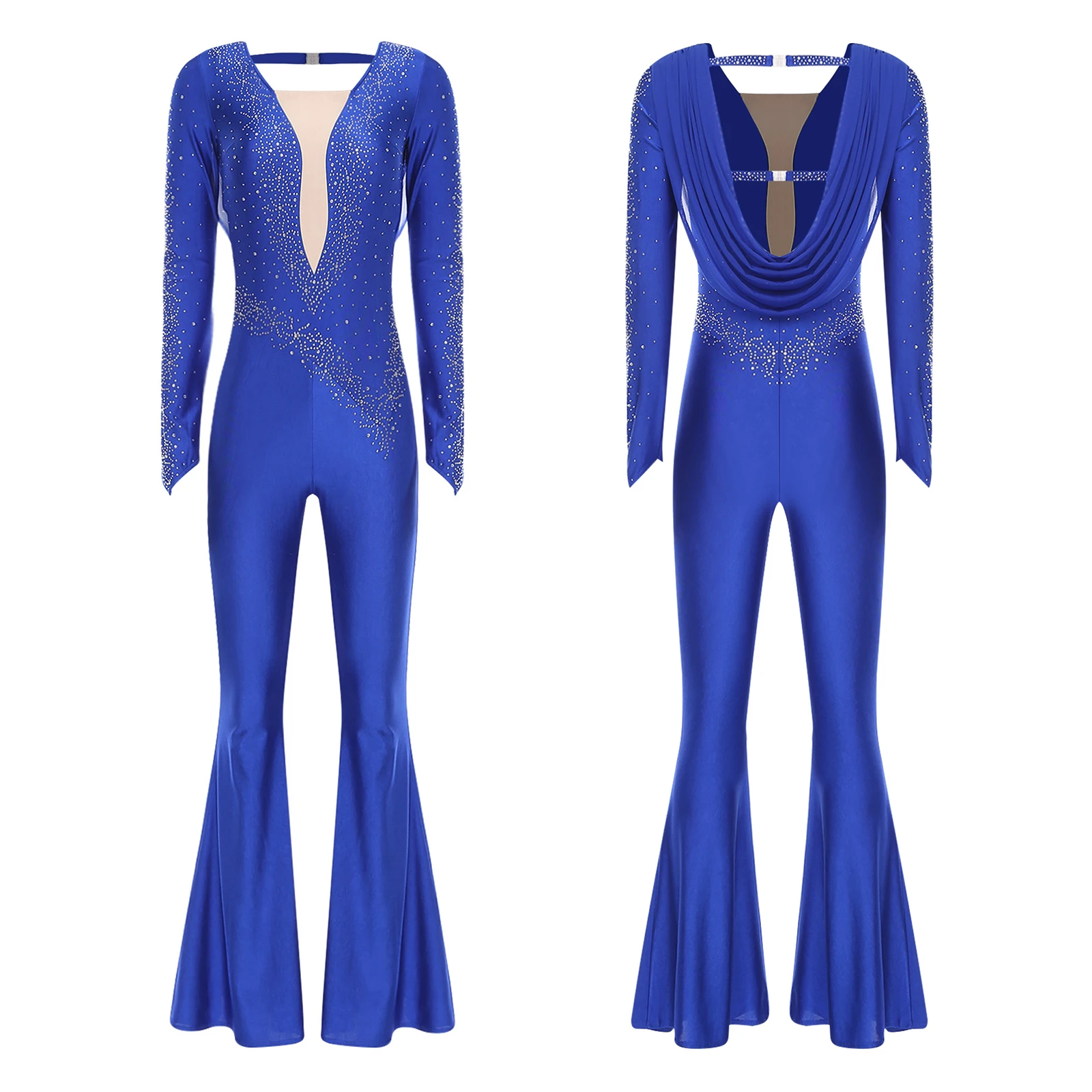 

Womens Latin Dance Rompers Bell Bottom Long Pants Rhinestone Long Sleeve Back Cut Out Mesh Overlay Jumpsuit Cha-cha Dancewear