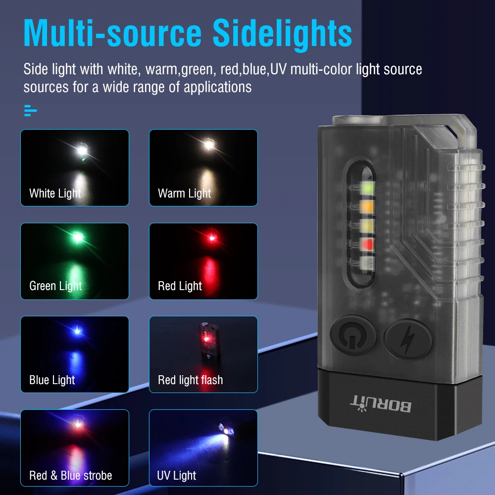 BORUiT V10 Mini EDC Keychain Flashlight Portable Torch Type-C Rechargeable Work Light With Magnet UV Beep Camping Pocket Lantern