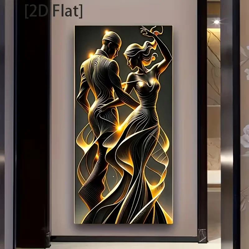 (1PC Unframe)2D/Flat Frameless Abstract Wall Art Featuring Lovers in a Modern Golden And Black Theme, Measuring 23.62X47.24 Inch