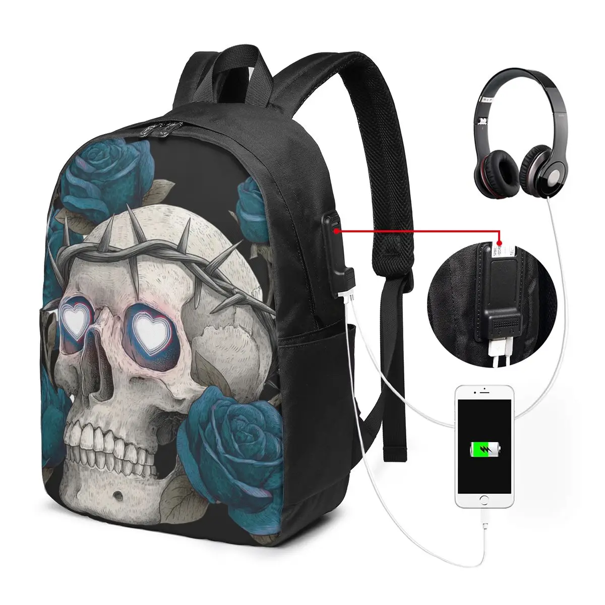 Gothic Skull And Bule Roses Backpack Travel Notebook Bag Computer College Student School Bag Laptop Shoulder Bags for Men Women
