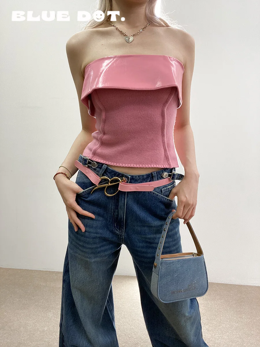 

Жилетка BLUEDOT WEI из коричневой экокожи с трикотажными вставками, облегающая, женская, модная, осень 2023