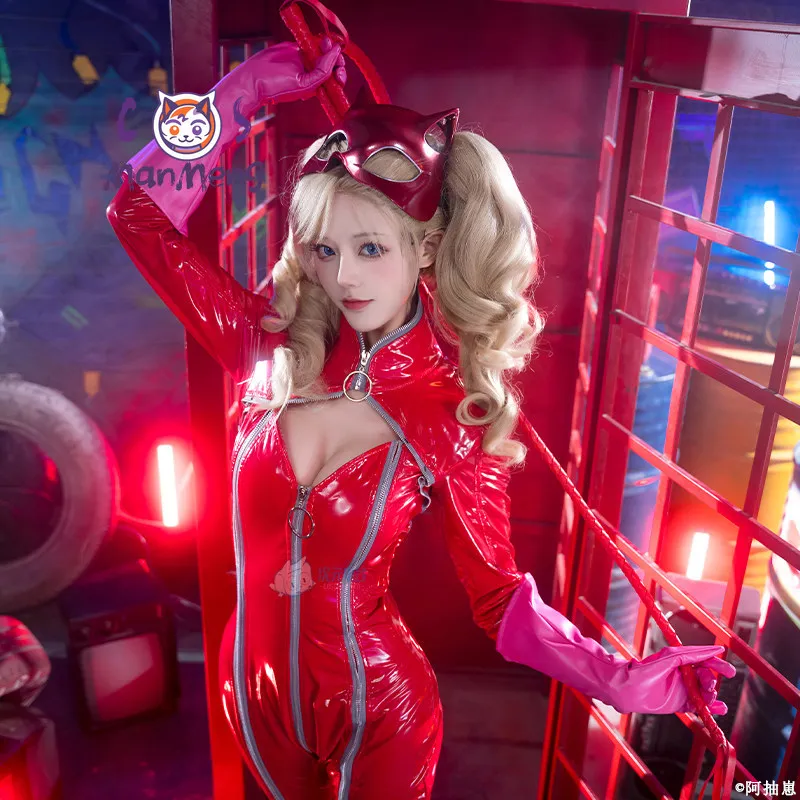 Persona 5 Anne Takamaki Panther Women sexy Red Jumpsuits Bodysuit Tights Uniform Outfit Games Cosplay Costumes Wig Halloween view 5
