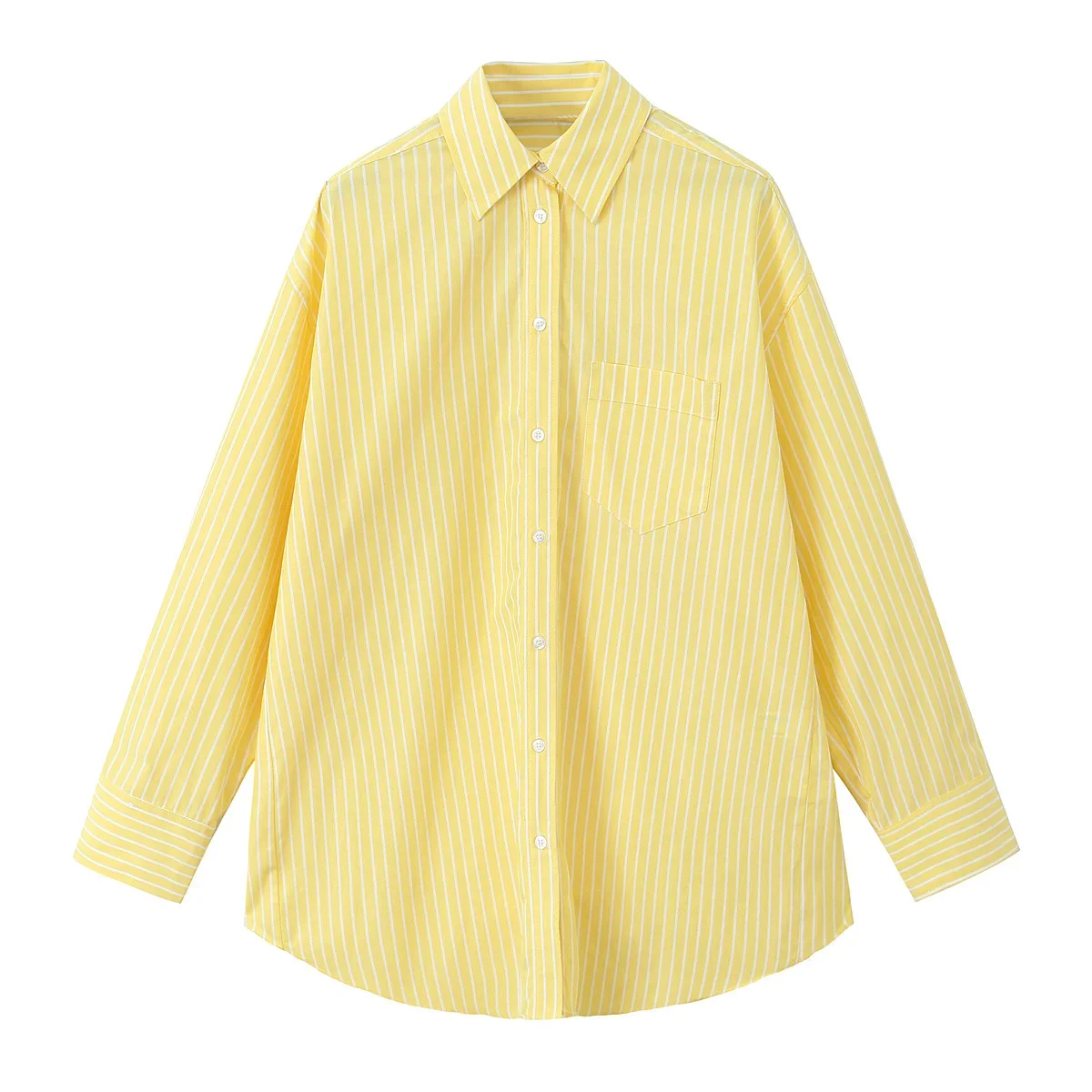 Elegant Women Yellow Striped Casual Loose Shirt Top Woman Lapel With Sleeves Buttons Long Blouses Summer Beach Style