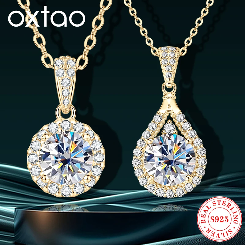 

OXTAO Plated 14K Gold 6.5mm Round Moissanite Pendant Necklace Ladies Water Drop Necklace Certified 925 Silver Jewelry Gift