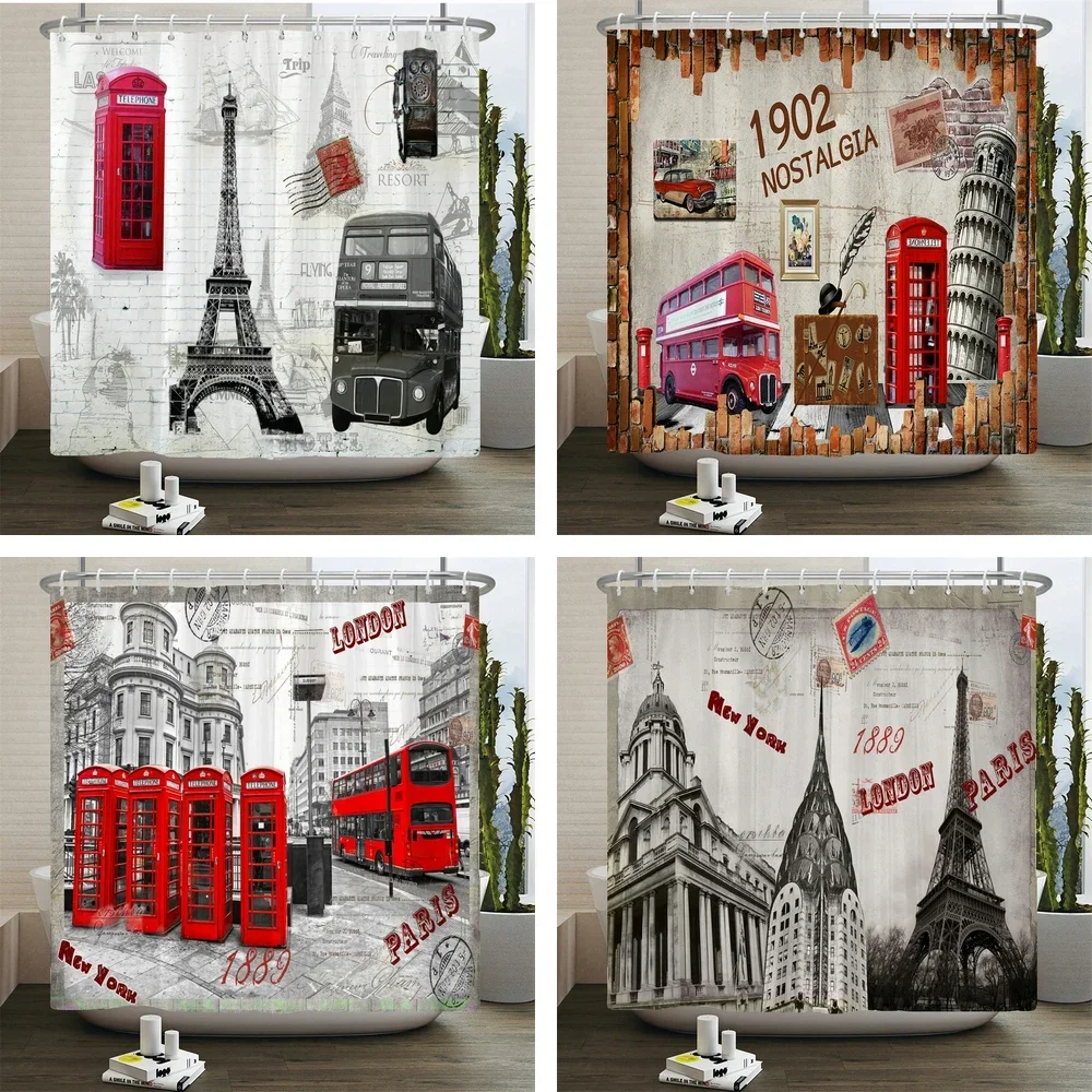 Retro Style 3d Print Shower Curtains Paris Tower Street View Telephone Booth Bath Curtain Waterproof Polyester Bathroom Curtain