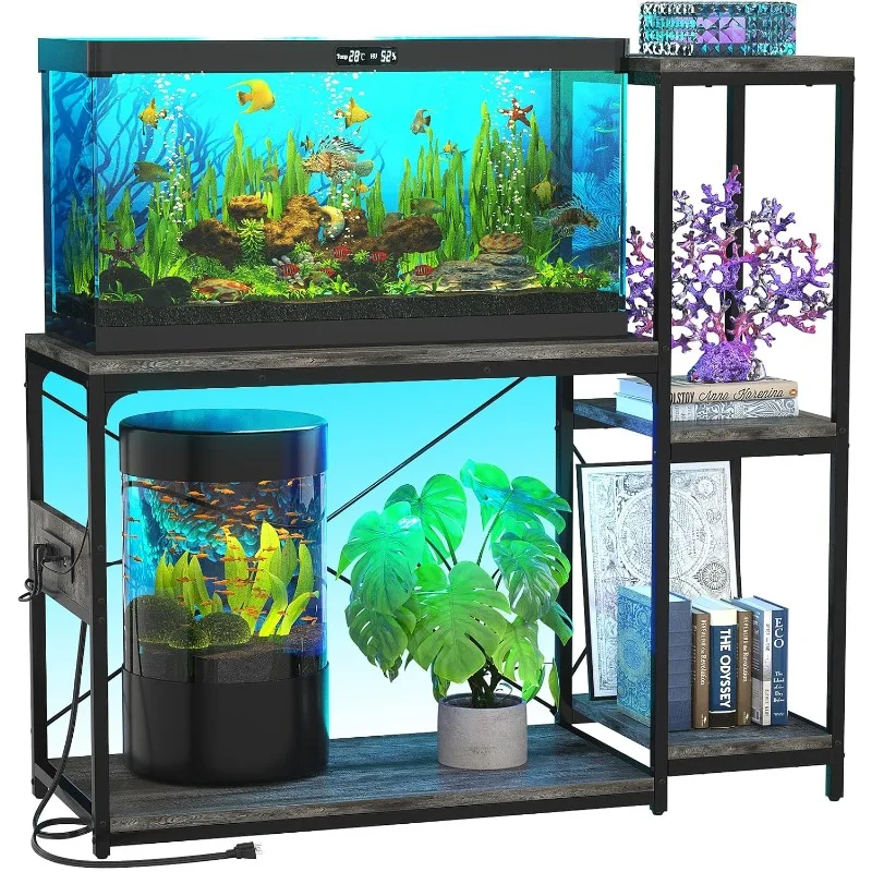 

20-29 Gallon Fish Tank Stand with Power Outlet & LED Light, Reversible Wood Aquarium Stand with Shelve