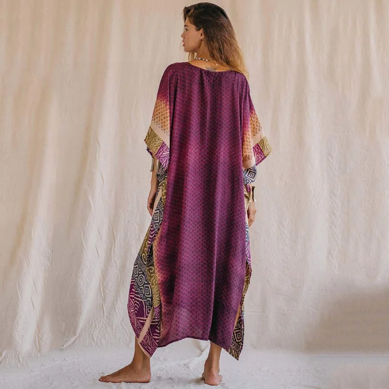 Plus Size Boho Cover Up, damskie Plus krawat Dye i wzór serca rękaw w kształcie skrzydła nietoperza dekolt Maxi okrycie plażowe do góry