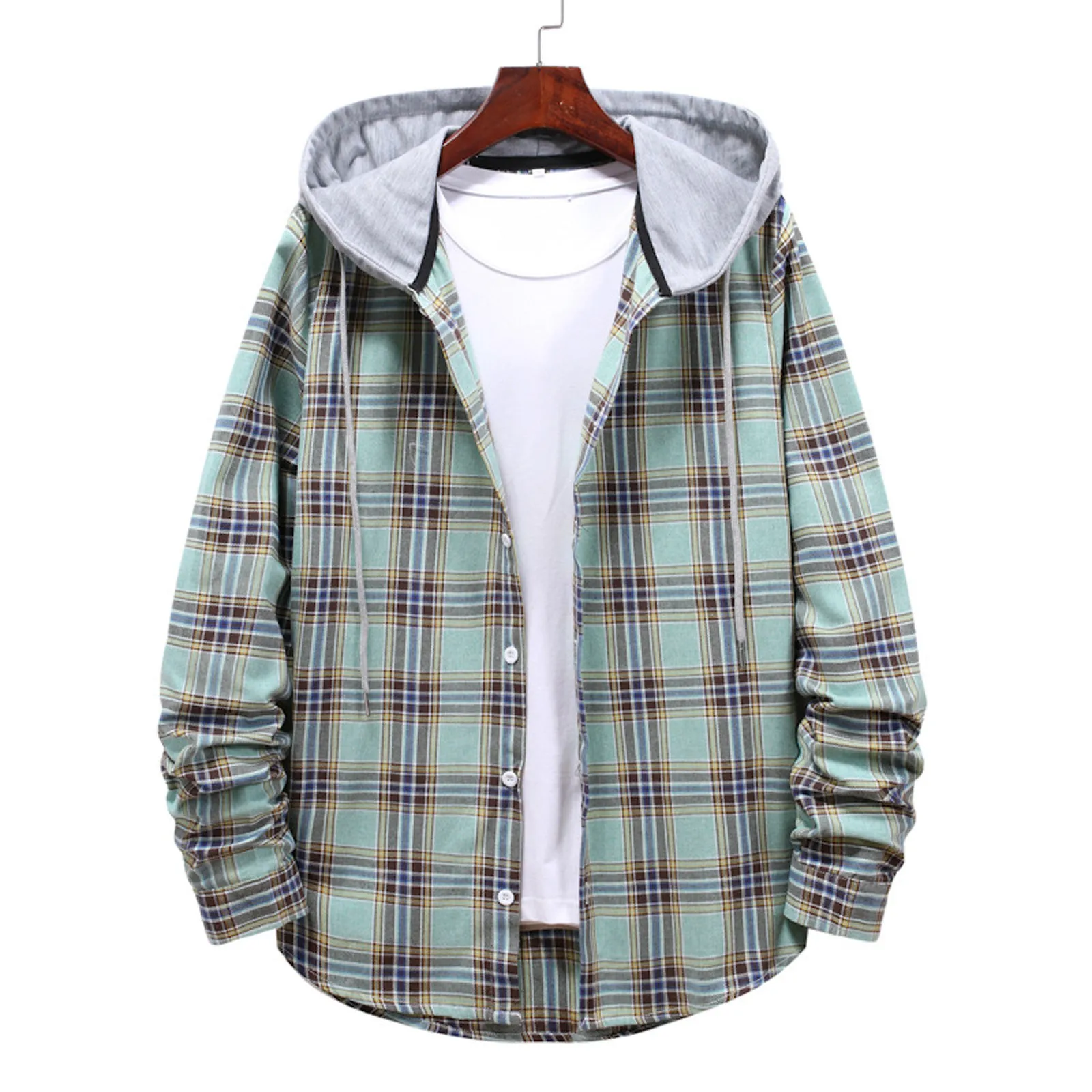 Men Casual Plaid Shirt Hooded Shirts Oversized Casual Shirt Men\'s Clothes European American Style Handsome Holiday Checked Shirt