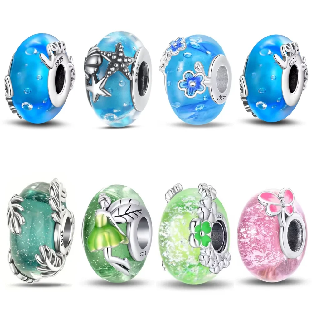 

Hot 925 Sterling Silver plated Pink Red Green Blue Murano Glass Beads Charms Fit Original Bracelet Women DIY Jewelry Accessories
