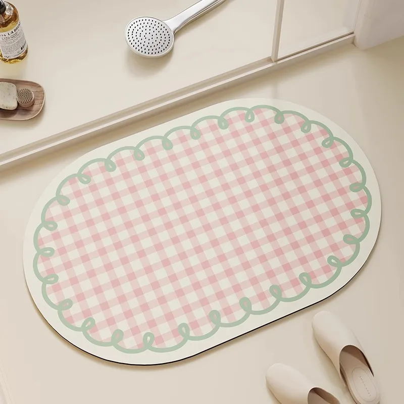 

Bathroom Rug Absorbent Non-slip Floor Mat Diatomite Bath Toilet Area Foot Mats Pink Plaid Home Decor Quick Drying Carpet 욕실 매트