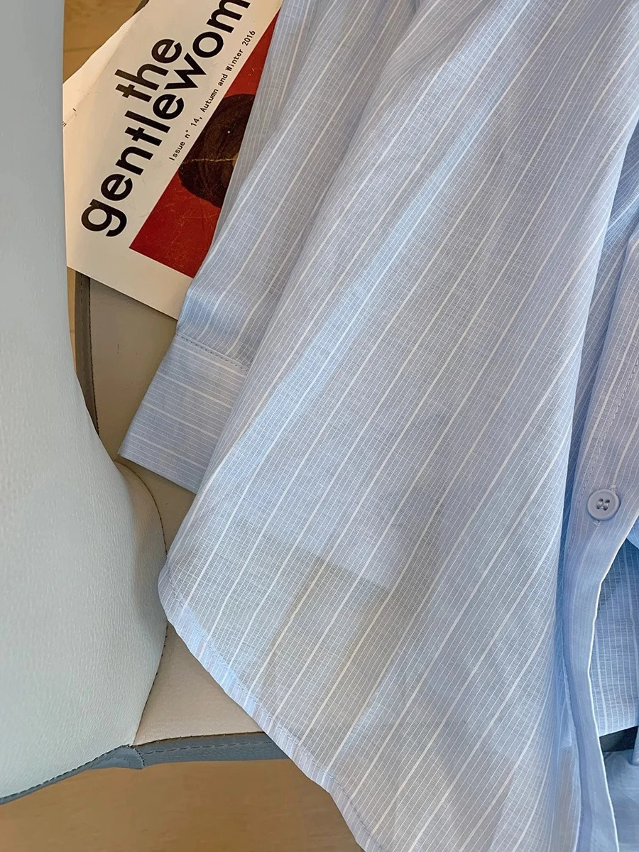 Koreaanse Sle Los Blauw Gestreept Casual irt ex Lente Herfst Uniek Ontwerp Ele Vrije tijd Veelzijdige Bovenkleding Trendy