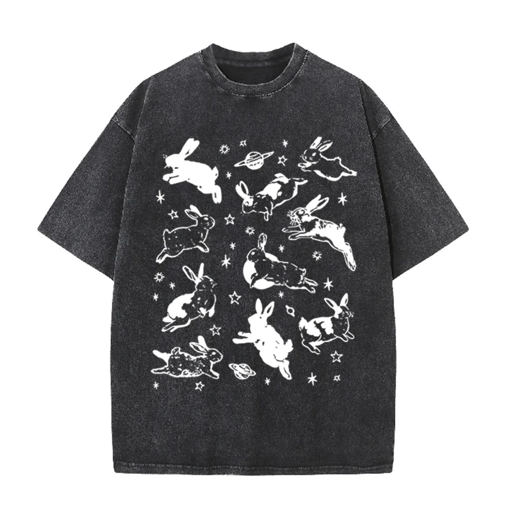 2026 Vintage Space Rabbit Planet Star Graphic Black Acid Washed T Shirt Celestial Bunny Retro Line Art Oversized Unisex Casual S