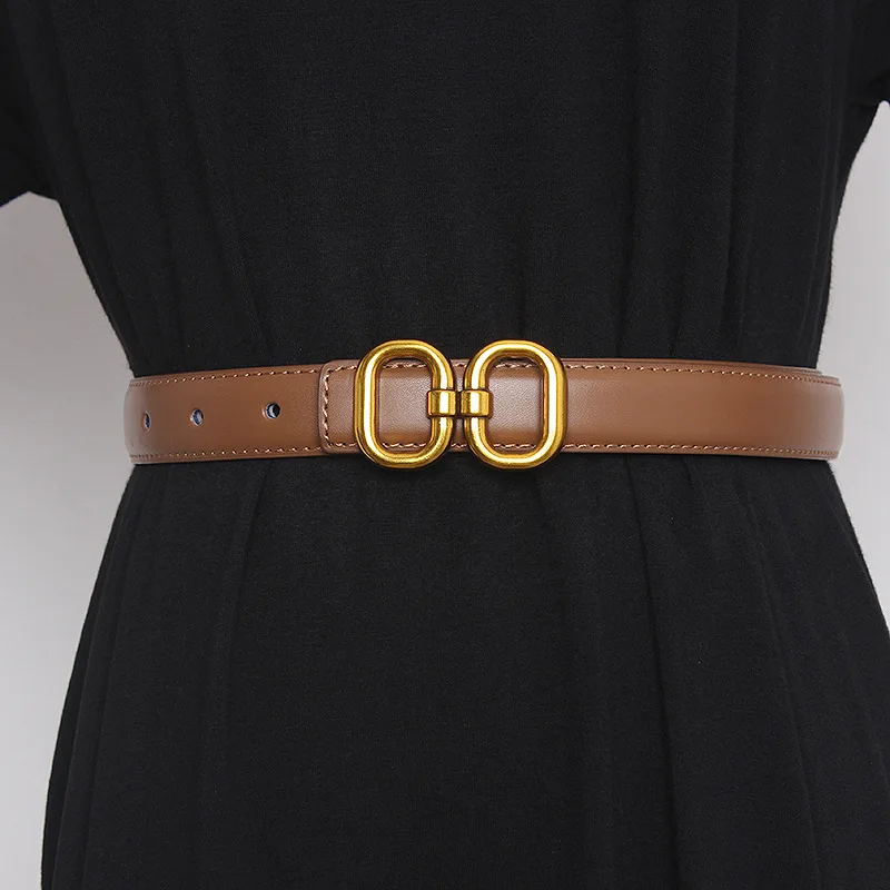 حزام حروف نسائي بإبزيم نحاسي، حزام بقرة حقيقية عتيق، تنورة جينز متعددة الاستخدامات مزينة بحزام رفيع