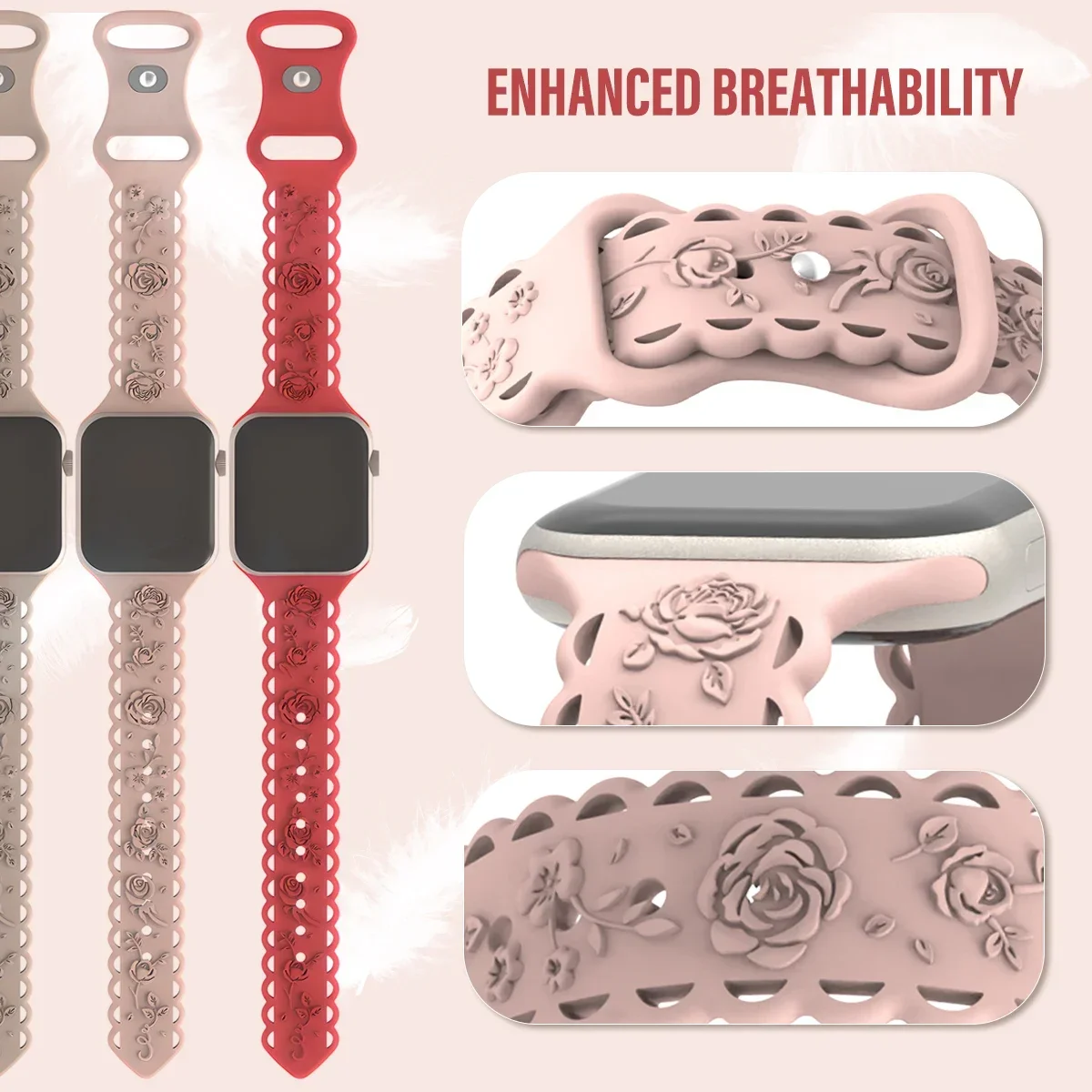 Pulseira gravada floral para apple watch band 40 44 41mm 49mm 45mm 38mm 42mm pulseira de silicone para iwatch série 9 7 se 6 8 ultra 2