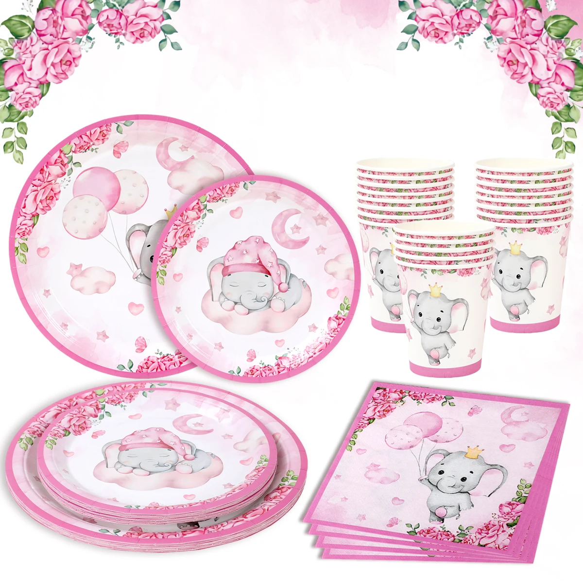 Pink Elephant Theme Party Supplies Paper Plate Cup Napkin Set for Gender Reveal Birthday Party Decoration Baby Shower Supplies