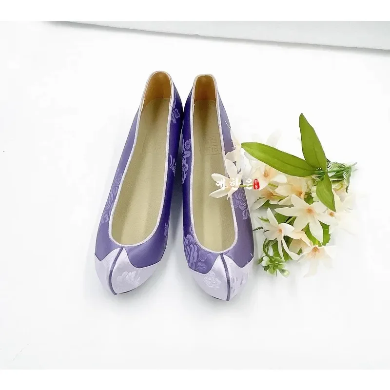 Hanbok Shoes Imported From South Korea Traditional Purple Satin Hanbok Women Shoes 5cm High Heels Stage Performance Clothing