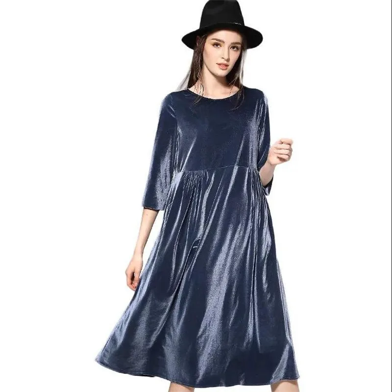     Women Winter Dress Long Velvet Dresses Elegant Ladies Formal Party velours Dresses black,red,blue B