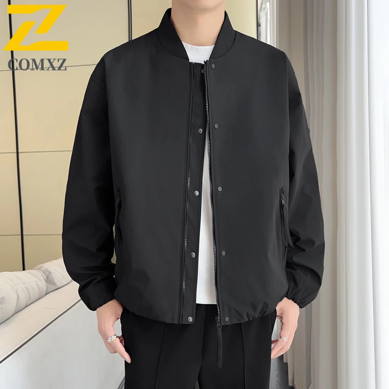 COMXZ Men Jacket Baseball Collar Street Fashion Windproof Motorcycle Coats Versatile Solid Color Riding Lightweight Autumn Coat