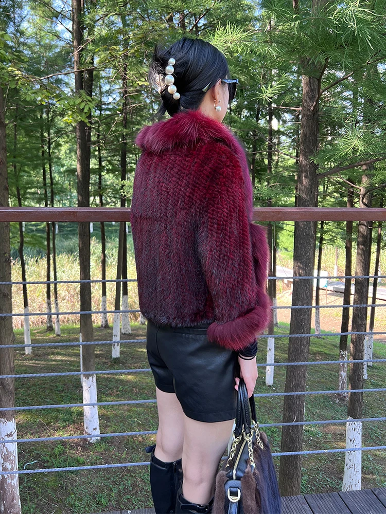 2023 women winter luxury hand knitted real mink fur shawl ladies mink fur capes with fox fur collar classic poncho design