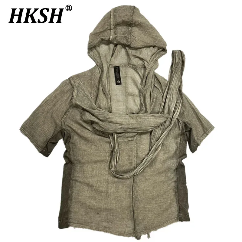 

HKSH Summer New Men's Tide Punk Desert Waste Land Niche Design Mud Dyed Vintage Light Hooded T-shirt Women's Cotton Tees HK1948