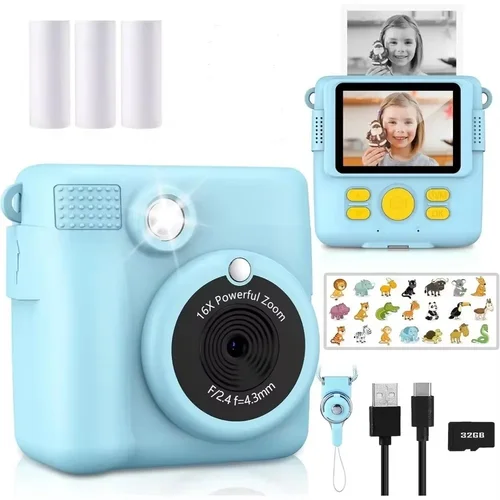 Cámara de impresión instantánea para niños, cámara portátil de 1080P para niños con 32GB de Tarjeta 3 y rollos de papel fotográfico, regalo perfecto para niños pequeños