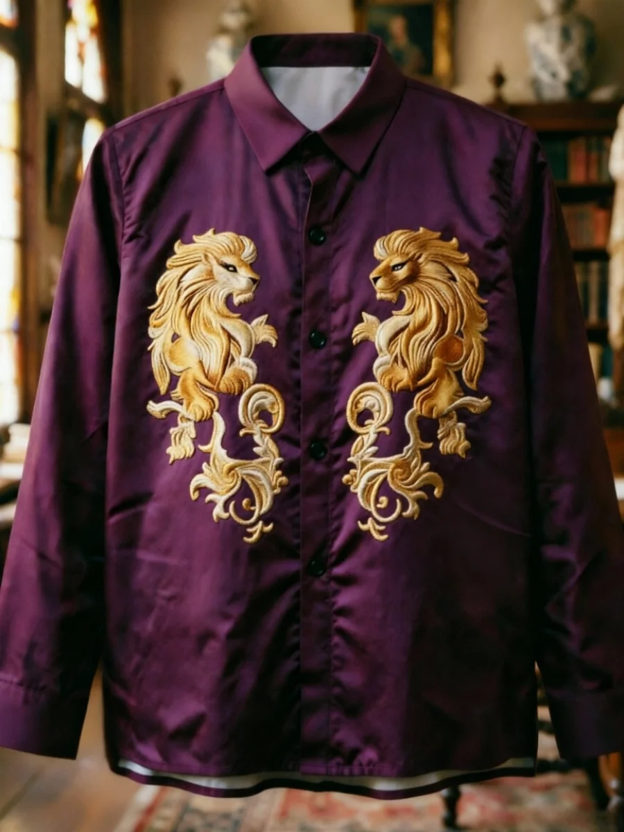 

Lion pattern men's long sleeved lapel shirt, button design, digital printing, casual and comfortable, fashionable to wear,