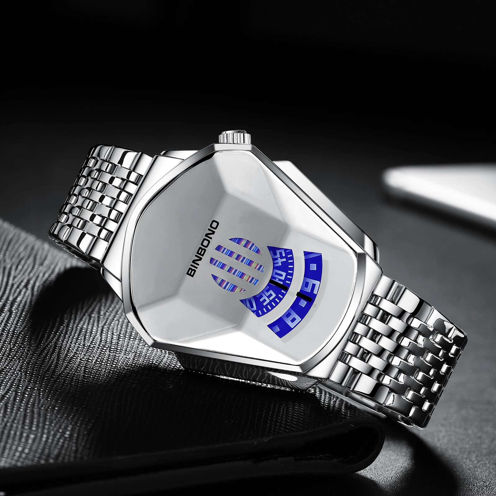 BINBOND Men Popular Fashion Motorcycle Concept Quartz Watch Luminous Stainless steel Strap Touch Screen Black Technology Clock