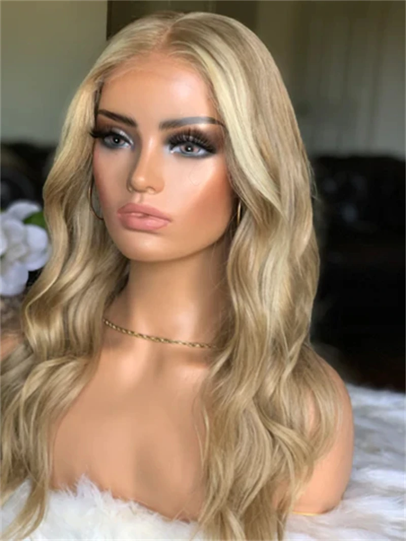 Glueless Hairline Highlights Ombre Creamy Blonde Soft HD Lace Front Wig Fashion Synthetic Wig Elastic Full Wigs Easy Maintenance