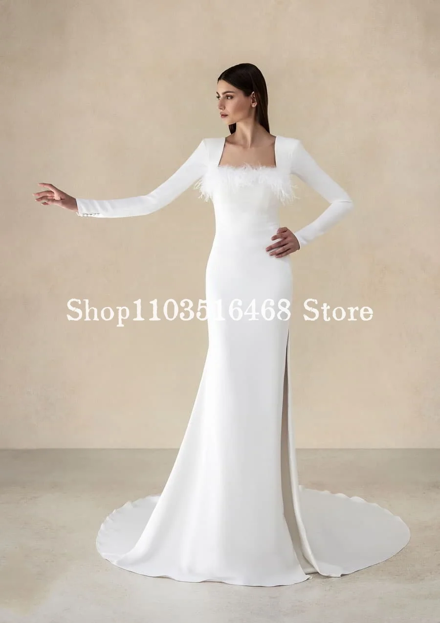 Elegant Silk Formal Wedding Dress White Square Neck Feather Long Sleeve Skinny A-line Split Bridal Vestidos Novias Boda