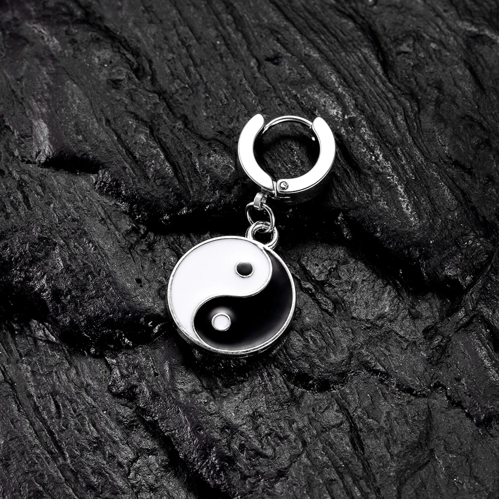 Punk Hoop Earrings White And Black Yin Yang Taiji Pendant For Men Women Stainless Steel Drop Ear Jewelry Personality Gift