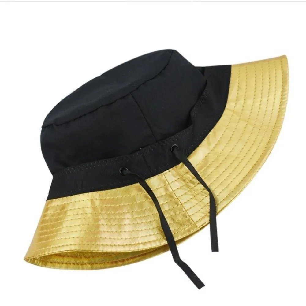 Leather Luminous Bucket Hat Single Sided Solid Color Laser Rainbow Fisherman Hat Silver Wide Brim Shiny Sun Cap Outdoor Travel