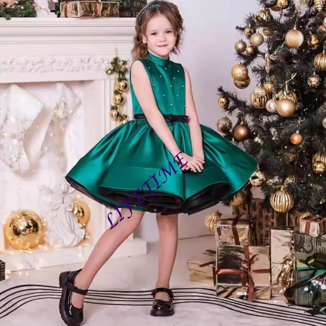 تخصيص رشيقة الرسن أكمام الساتان زهرة فتاة فستان الزفاف حفلة عيد ميلاد عطلة الاحتفال ثوب الكرة القصيرة