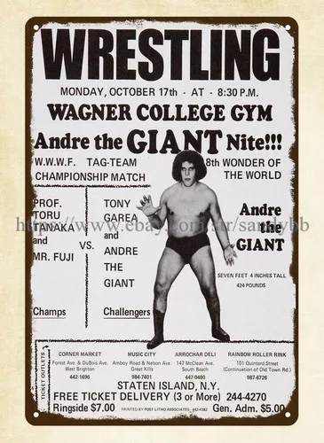 1970;s Andre the Giant World Wide Wrestling Federation metal tin sign room decor