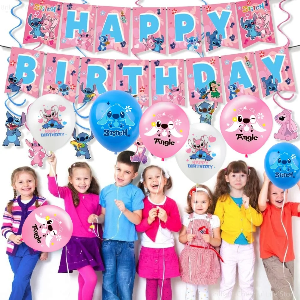 Disney Stitch Party Dekorationen Set rosa Engel Thema Luftballons Aufkleber Tischdecke Banner für Kinder Mädchen Geburtstags feier Lieferungen