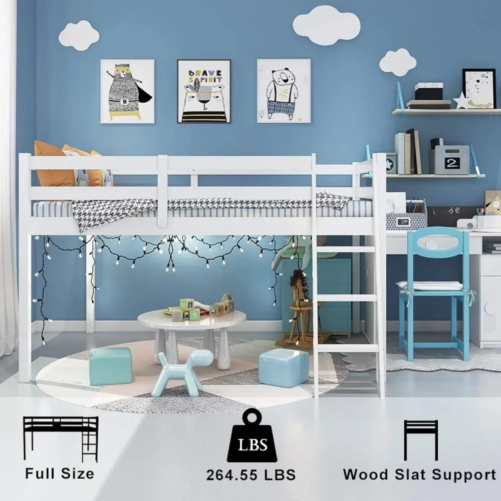 Escaliers de lit Loft bas junior, lit Loft pleine grandeur en bois blanc pour adultes, enfants et jeunes adolescents, support à lattes en bois, aucun ressort en bois requis