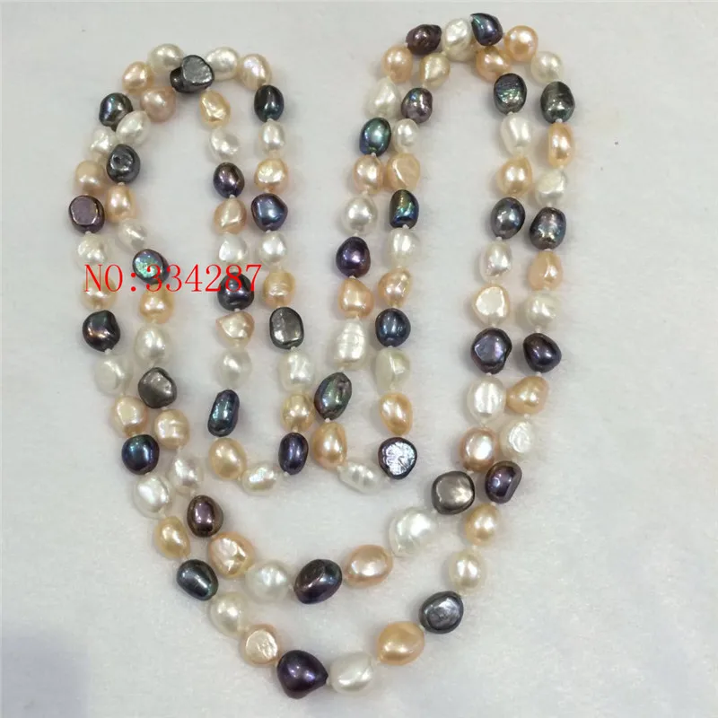 Genuine Natural 8-9mm White Pink black  Baroque Freshwater Pearl Necklace 48INCH Long sweater chain