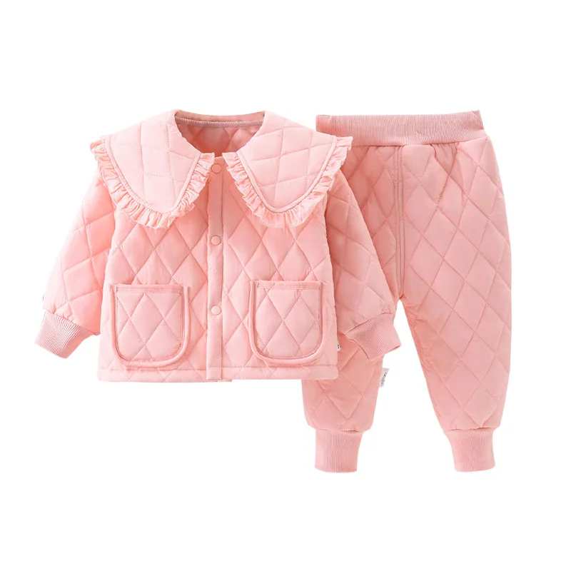 New Girls Warm Clothing Sets Winter Baby Clip Cotton Two-Piece Autumn Children Lapel Solid Color Fashion Suit 12M-6 Years