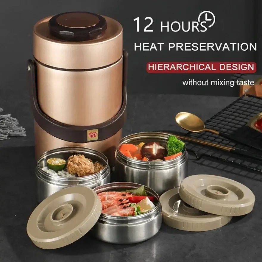24-Hour Long-term Thermal Insulation Lunch Box Bucket Office Workers and Students Large-capacity Stainless Steel Portable