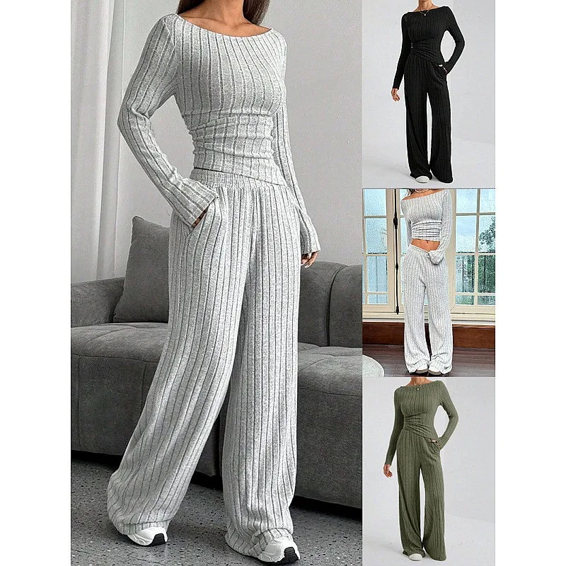 Women's Casual High Neck Knit Long Sleeve Matching Set, Solid Color Loose Jumpsuit Pants Playsuit Two Piece Set